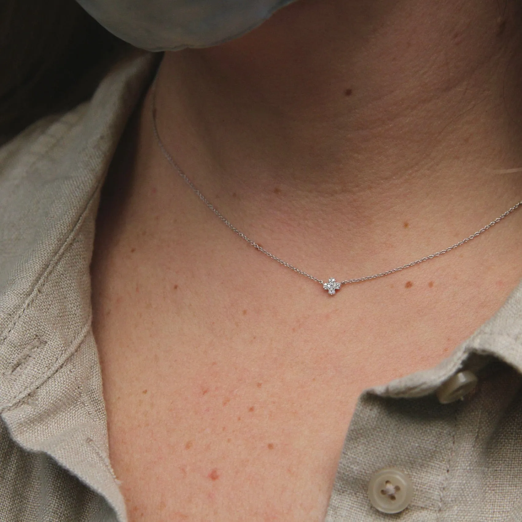14k White Gold Petite Clover Pavé Diamond Necklace