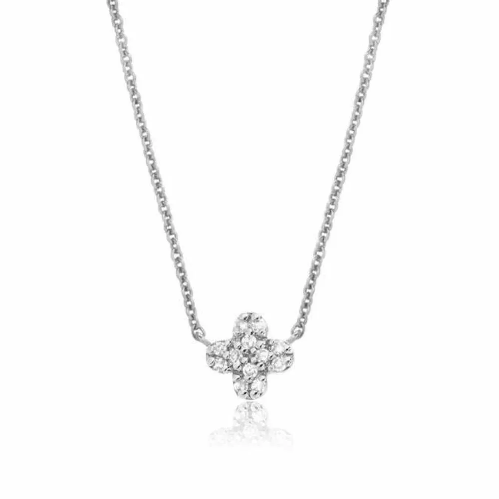 14k White Gold Petite Clover Pavé Diamond Necklace