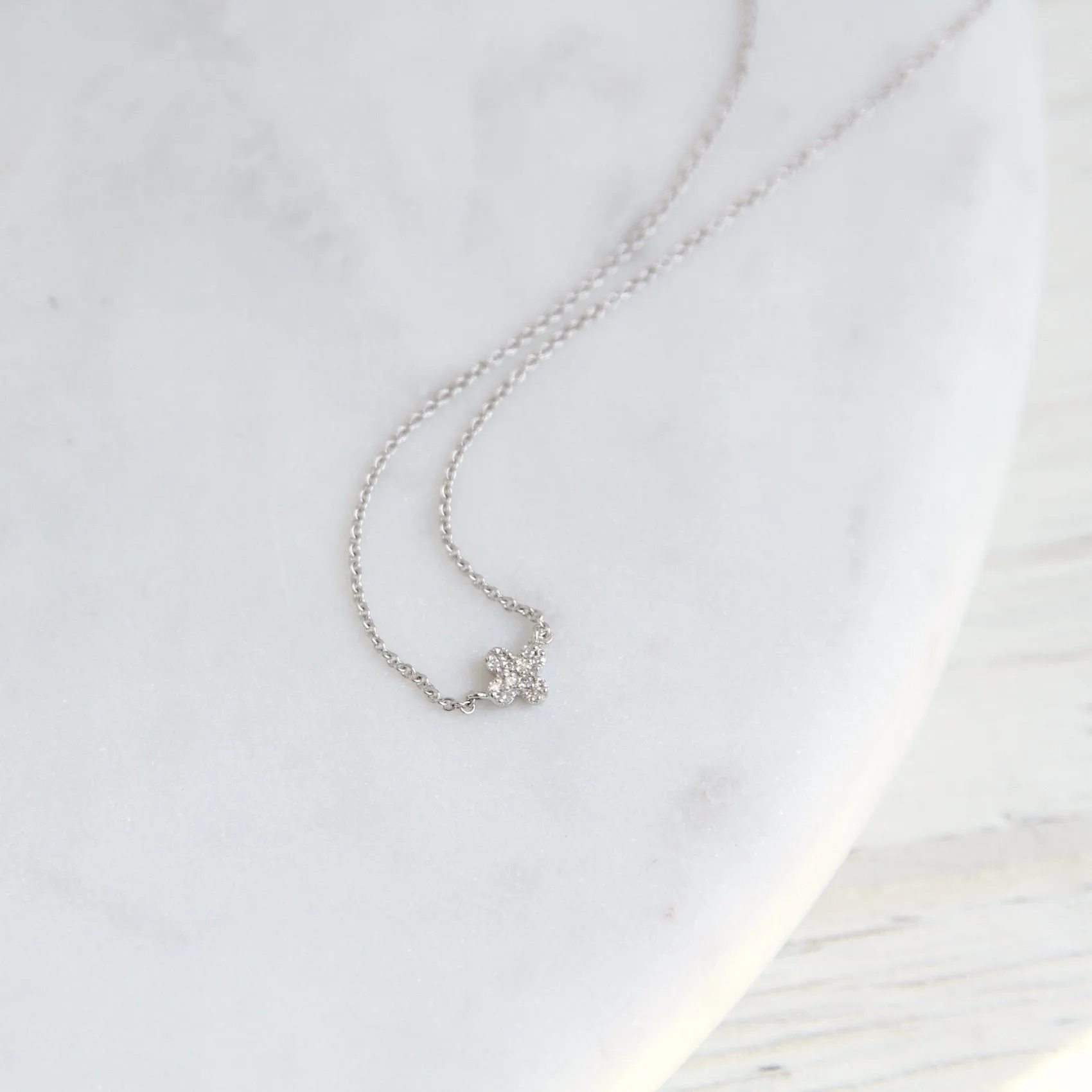14k White Gold Petite Clover Pavé Diamond Necklace