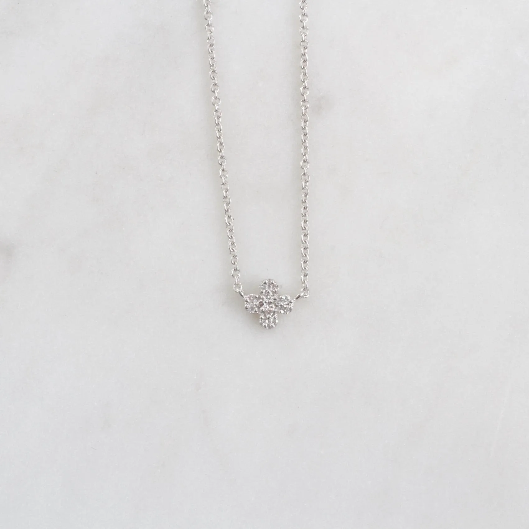 14k White Gold Petite Clover Pavé Diamond Necklace