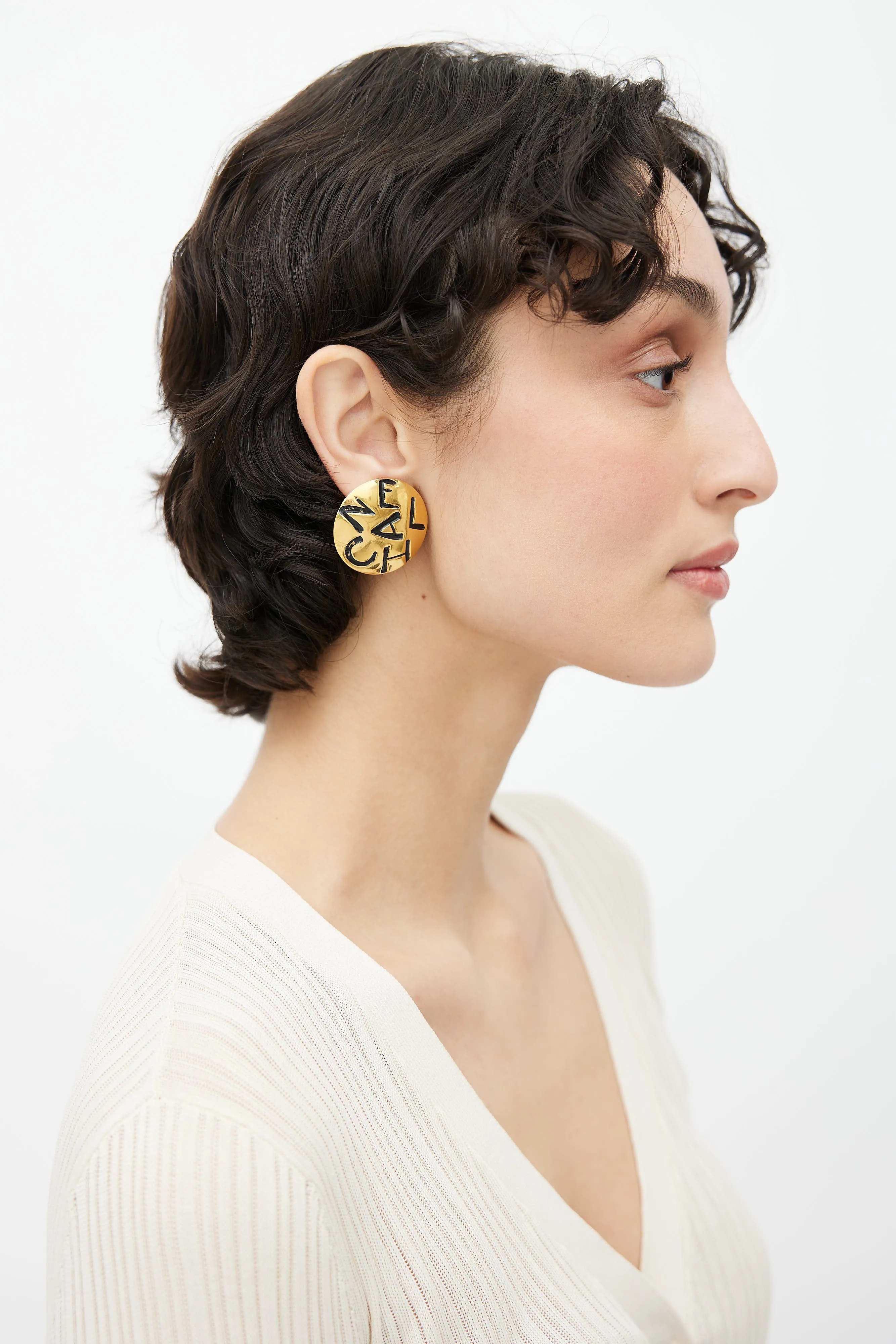 1980s Gold-Tone & Black Letter Engraving Clip-On Earring