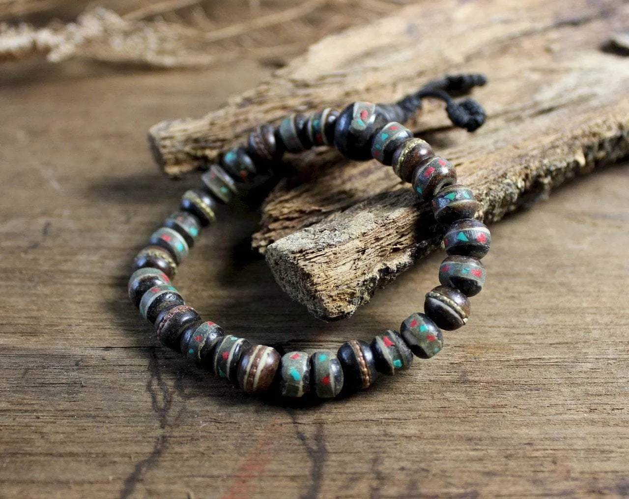 Adjustable Black Inlaid Bone Mala Beads