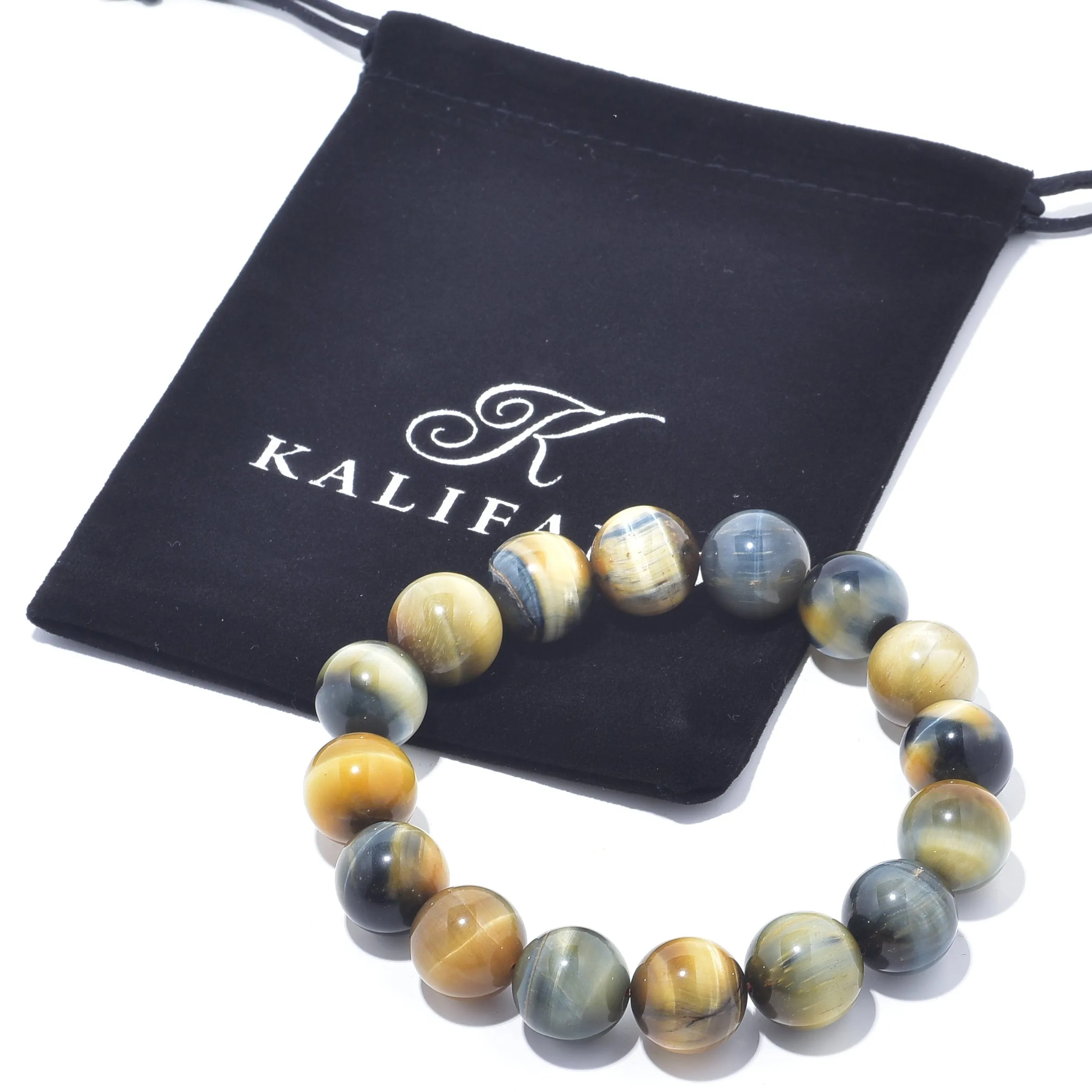 Blue and Yellow Tiger Eye Natural 14mm Gemstone Bead Elastic Bracelet