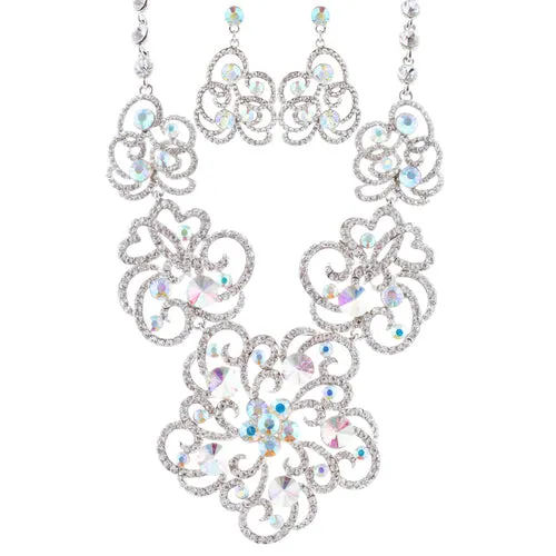 Bridal Wedding Jewelry Set Crystal Rhinestone Chunky Floral Necklace Silver AB