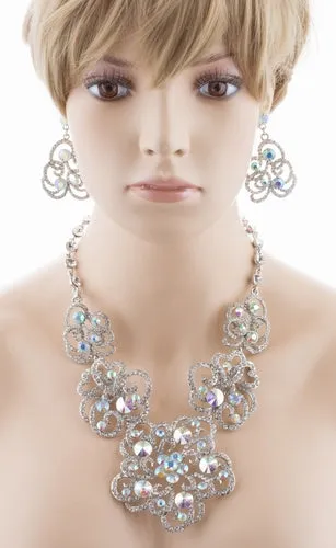 Bridal Wedding Jewelry Set Crystal Rhinestone Chunky Floral Necklace Silver AB