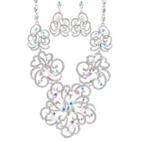 Bridal Wedding Jewelry Set Crystal Rhinestone Chunky Floral Necklace Silver AB