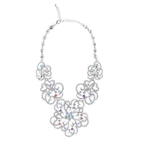 Bridal Wedding Jewelry Set Crystal Rhinestone Chunky Floral Necklace Silver AB