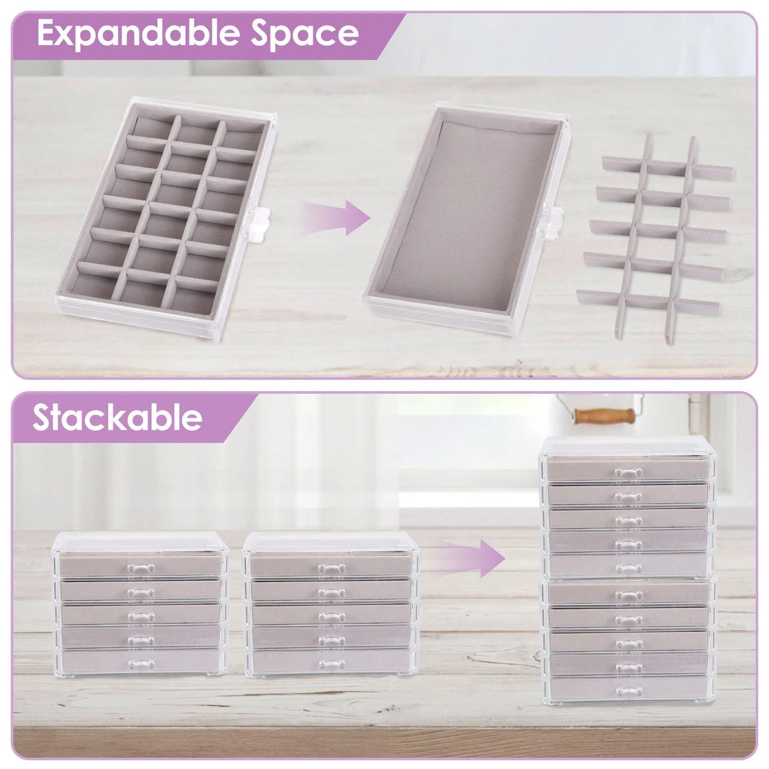 Clear Acrylic Jewelry Box Organizer with 5 Stackable Drawers