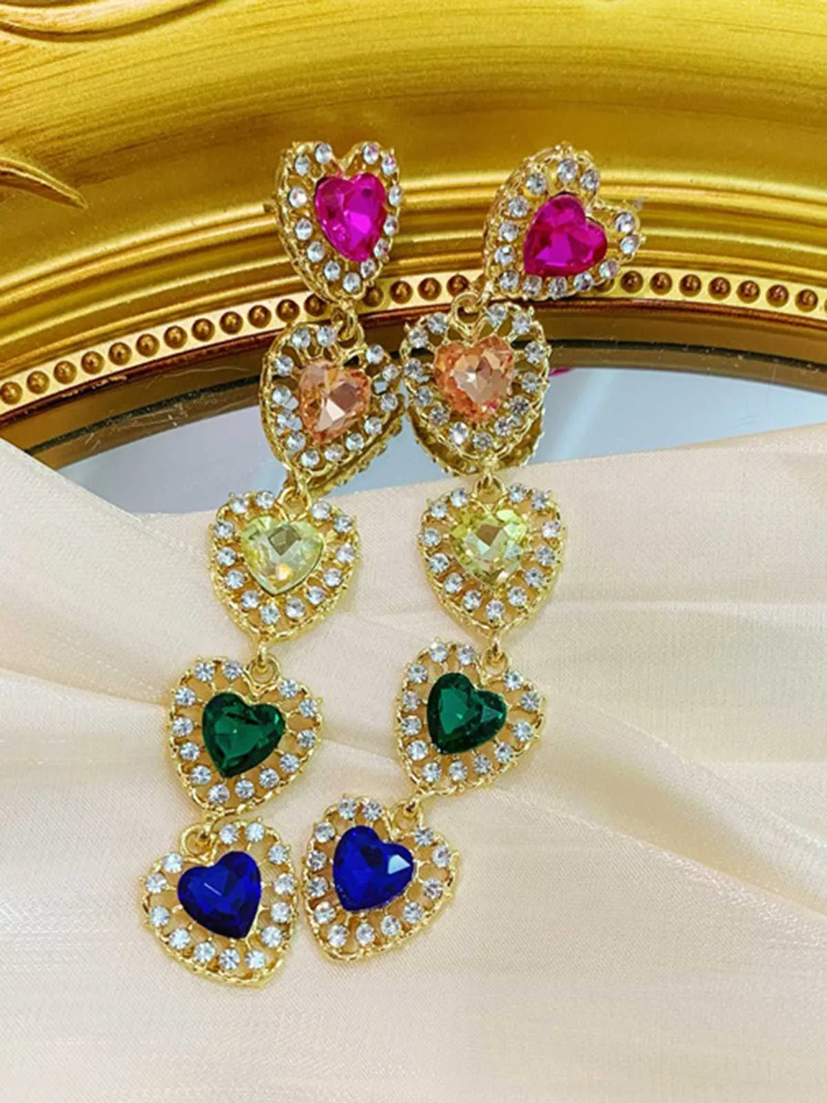 Colorful Heart Diamond Tassel Earrings