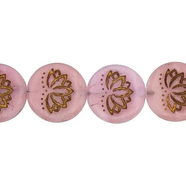 Czech Glass 19mm Lotus Flower Matte Pink Silk with Dark Bronze Wash Bead Strand by Raven's Journey