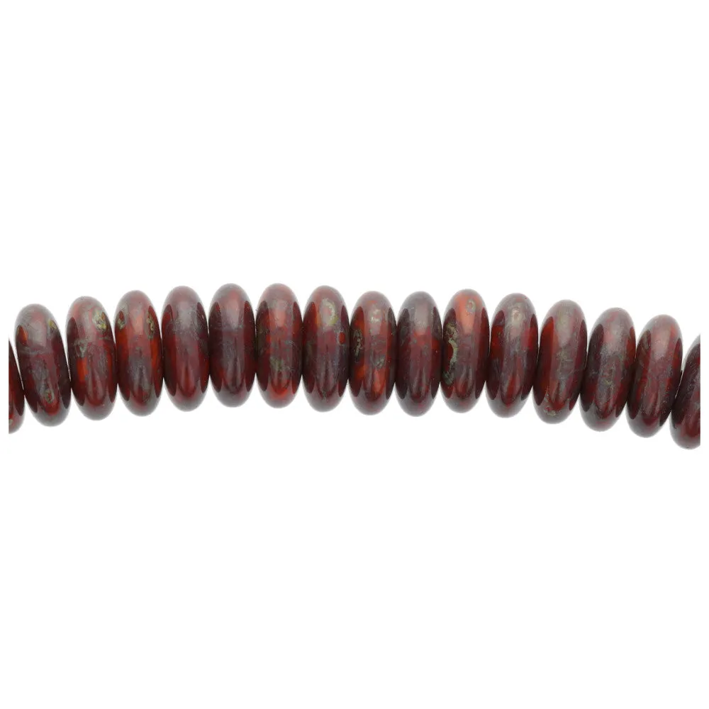 Czech Glass 6mm Dark Orange Opaque with Blue Picasso Finish Disc Spacer Bead Strand by Raven's Journey
