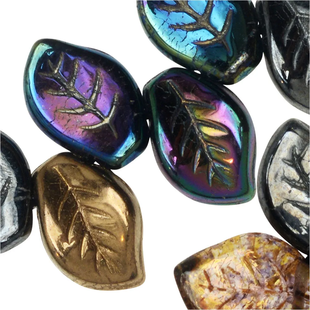 Czech Glass Beads, Wavy Leaf 9x14mm, Heavy Metals Mix (50 Pieces)