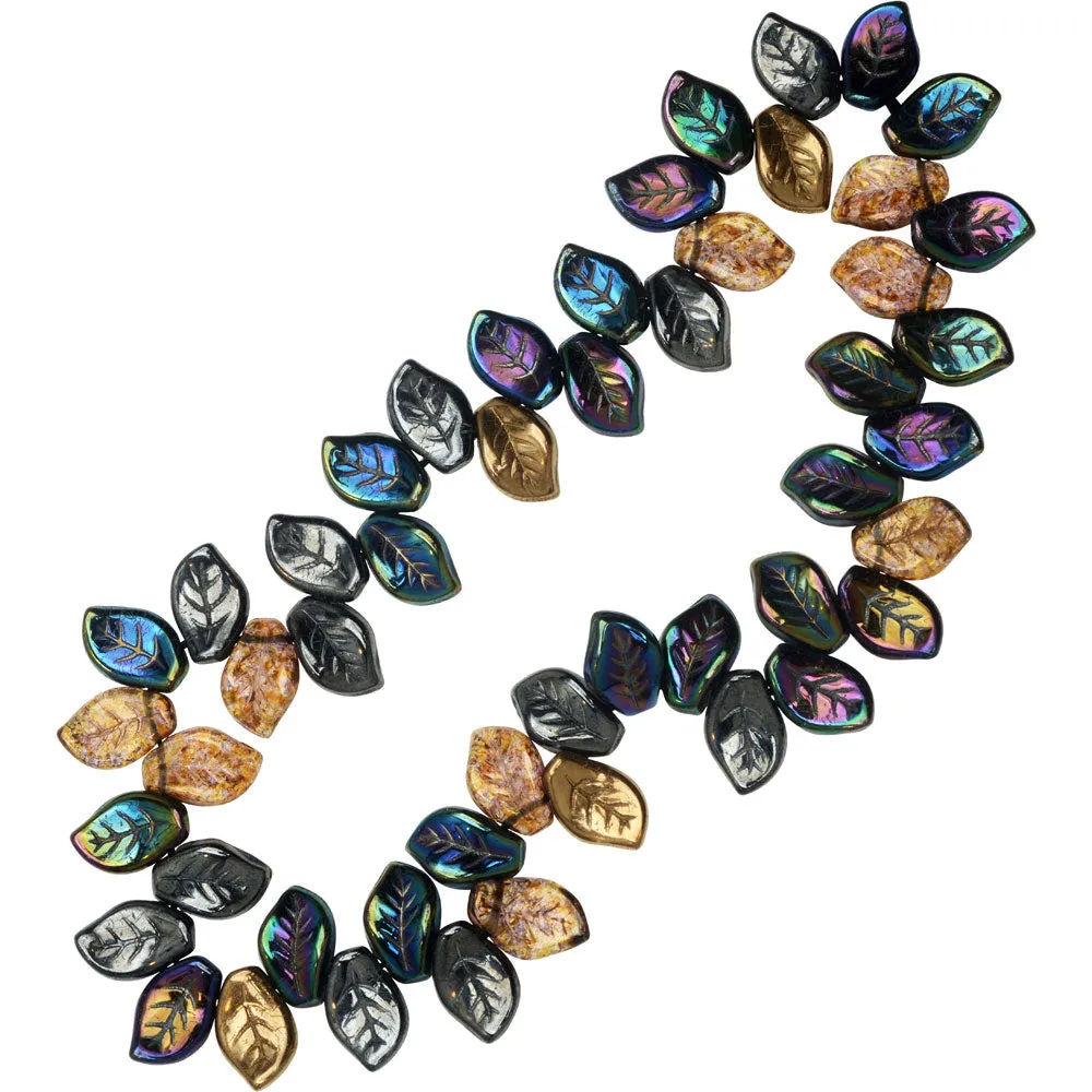 Czech Glass Beads, Wavy Leaf 9x14mm, Heavy Metals Mix (50 Pieces)
