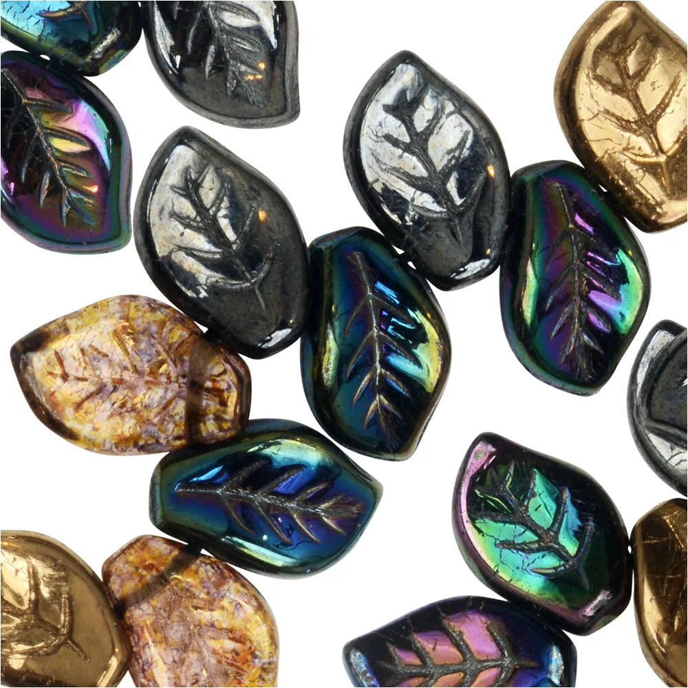 Czech Glass Beads, Wavy Leaf 9x14mm, Heavy Metals Mix (50 Pieces)