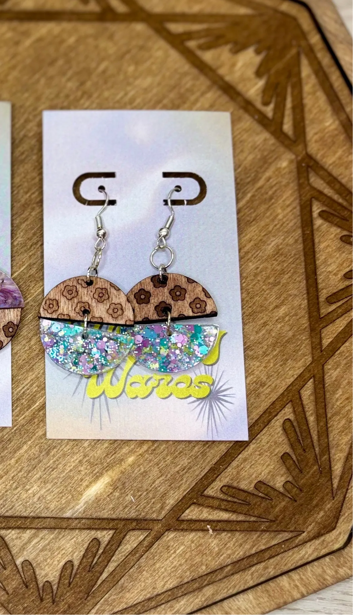Engraved Flowers & Acrylic Double Dangles - Natural Wood & Acrylic Earrings