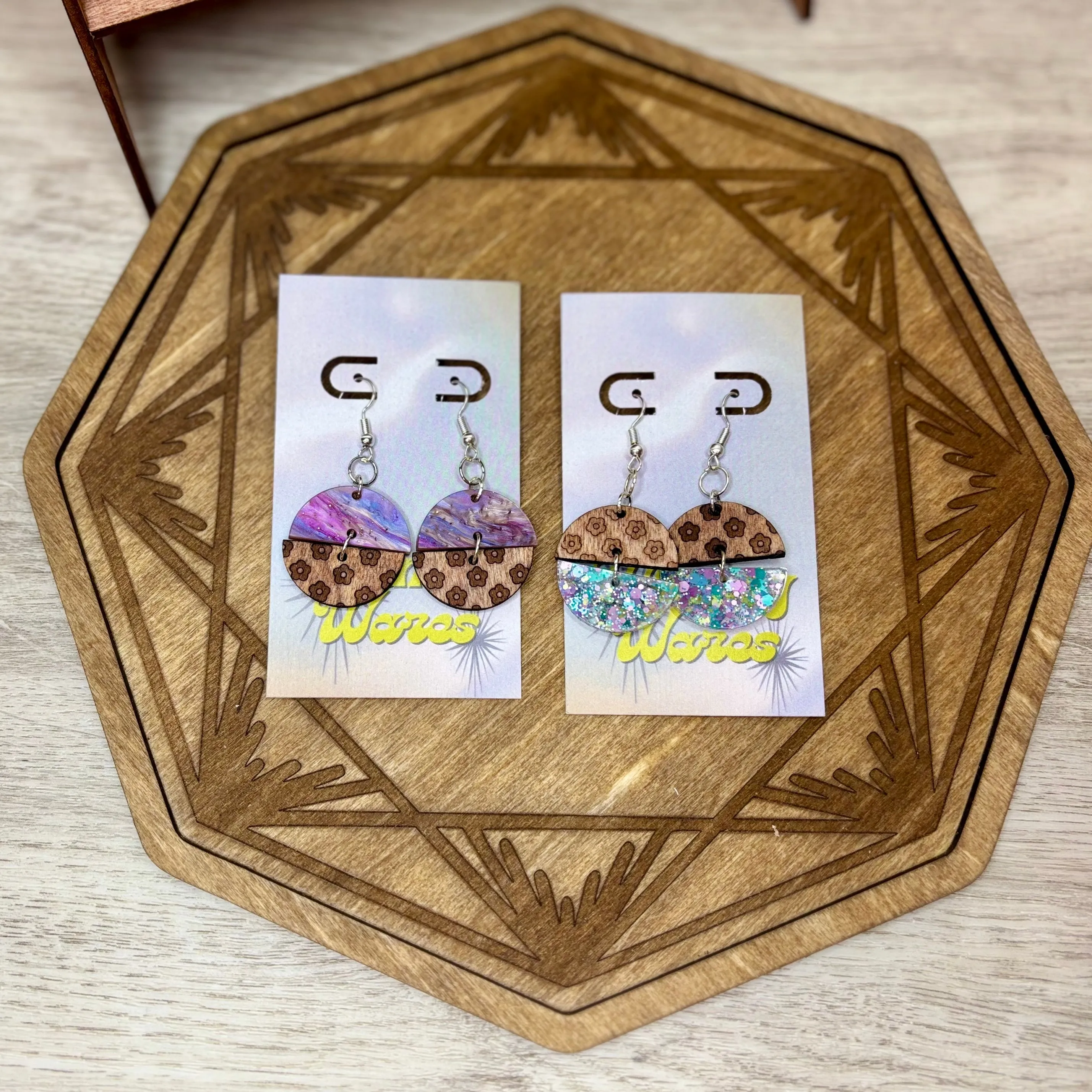 Engraved Flowers & Acrylic Double Dangles - Natural Wood & Acrylic Earrings