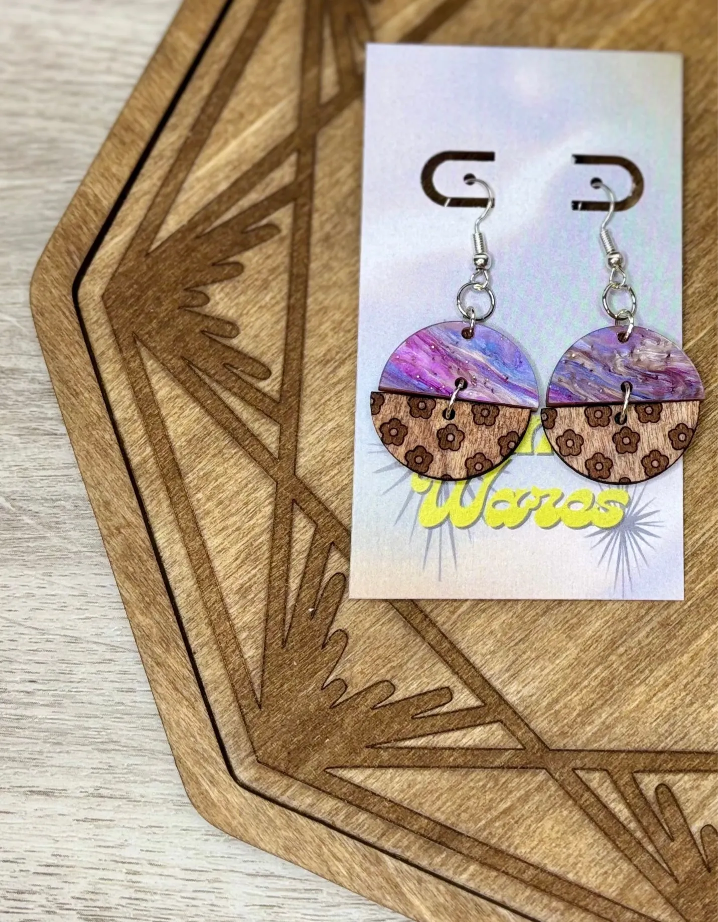 Engraved Flowers & Acrylic Double Dangles - Natural Wood & Acrylic Earrings