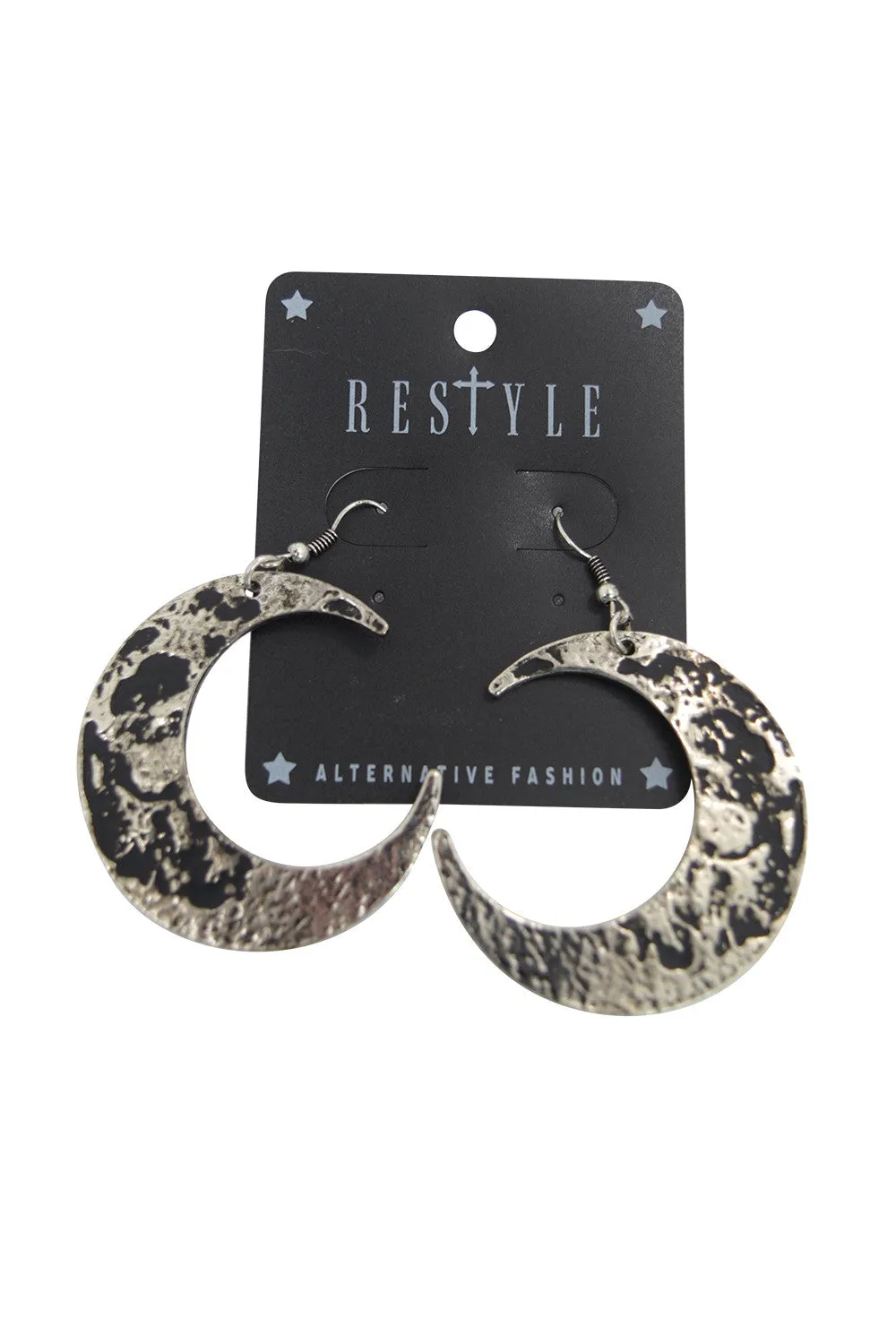 Goth Occult Textured Antique Silver Luna Large Crescent Moon Occult Witch Earrings