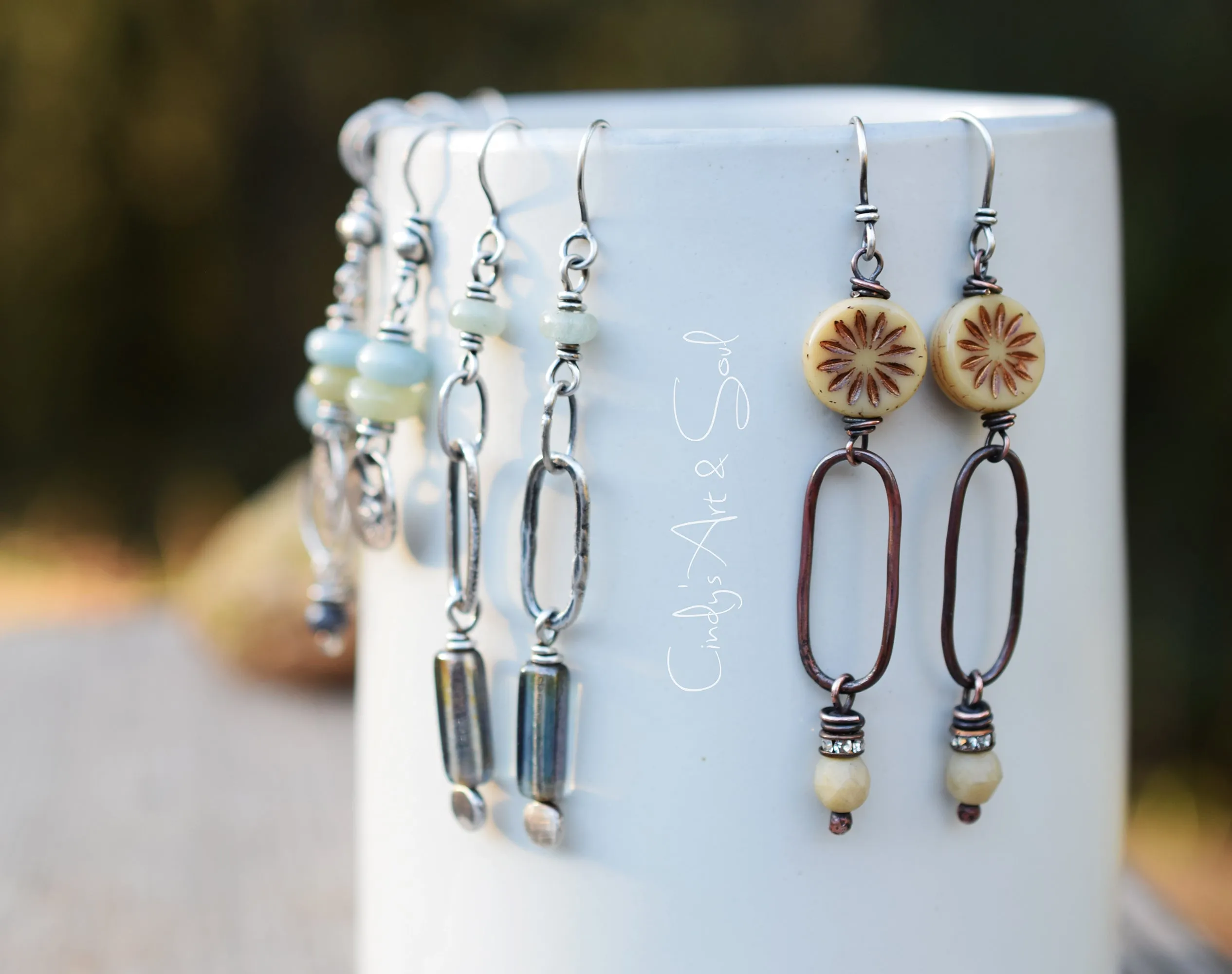 Handcrafted Bronze Flower Hoop Earrings. Bohemian Style Sparkling Cream Czech Glass Beaded Handmade Copper Hoops. Bohemian Style Jewelry.