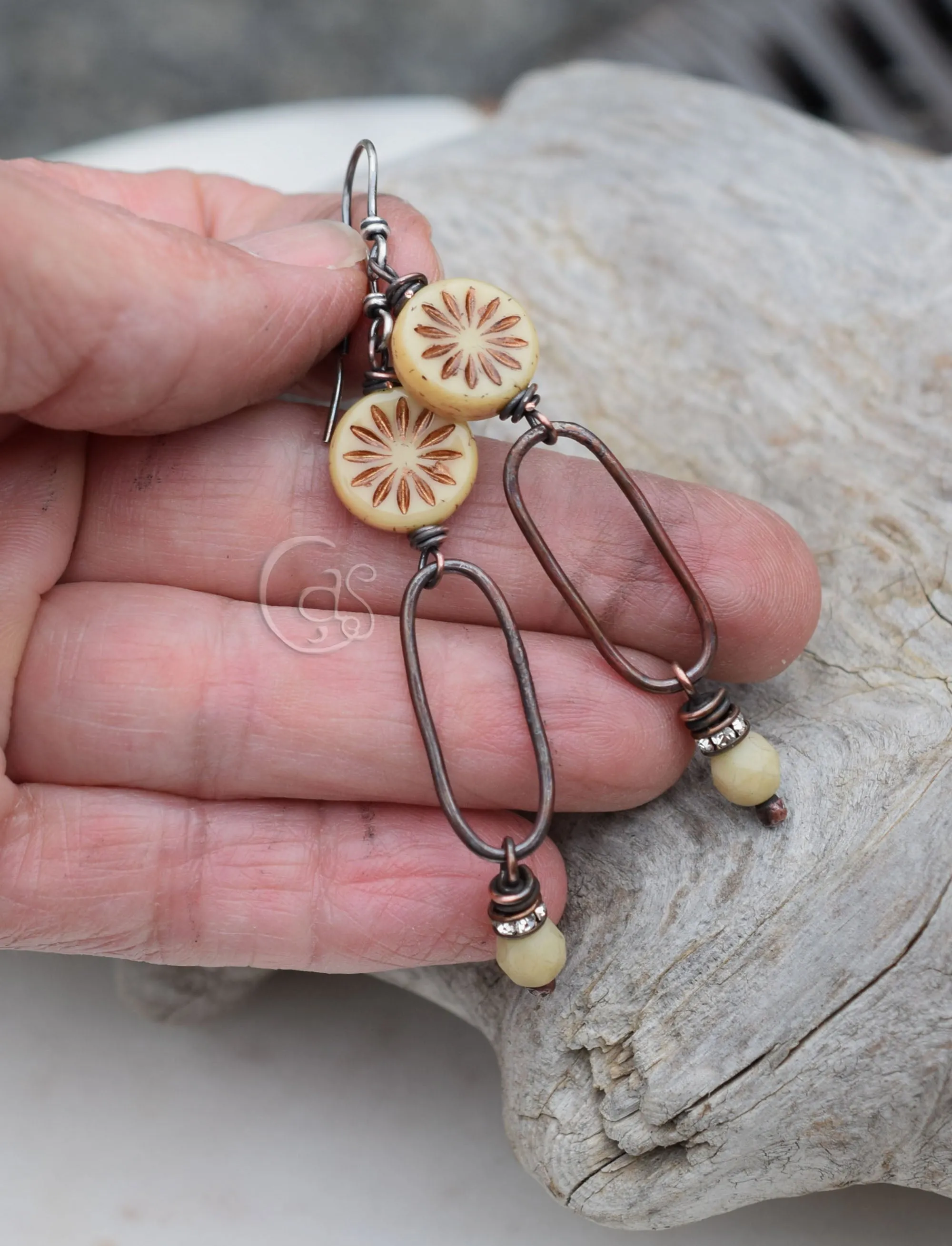 Handcrafted Bronze Flower Hoop Earrings. Bohemian Style Sparkling Cream Czech Glass Beaded Handmade Copper Hoops. Bohemian Style Jewelry.
