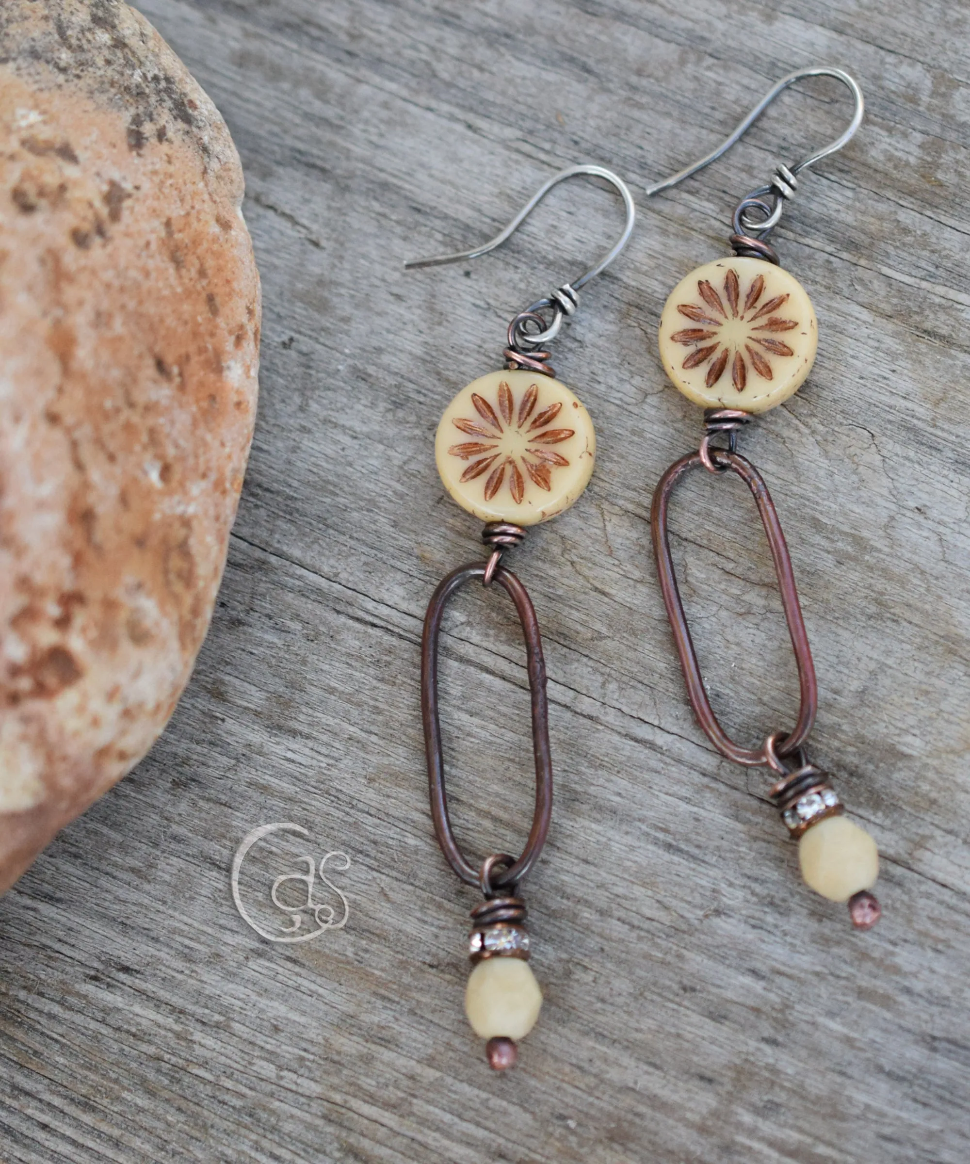 Handcrafted Bronze Flower Hoop Earrings. Bohemian Style Sparkling Cream Czech Glass Beaded Handmade Copper Hoops. Bohemian Style Jewelry.