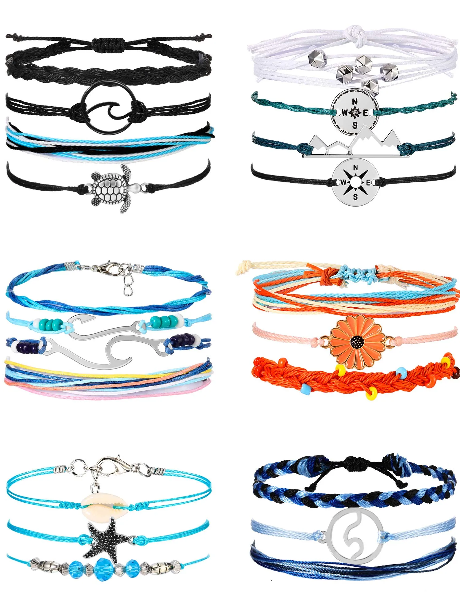 Hicarer 21 Pieces Surfer Wave Bracelet Ocean Wave Adjustable Waterproof Handmade Friendship Bracelet Summer Sunflower Bracelets Anklets Jewelry for Women Teen Girls