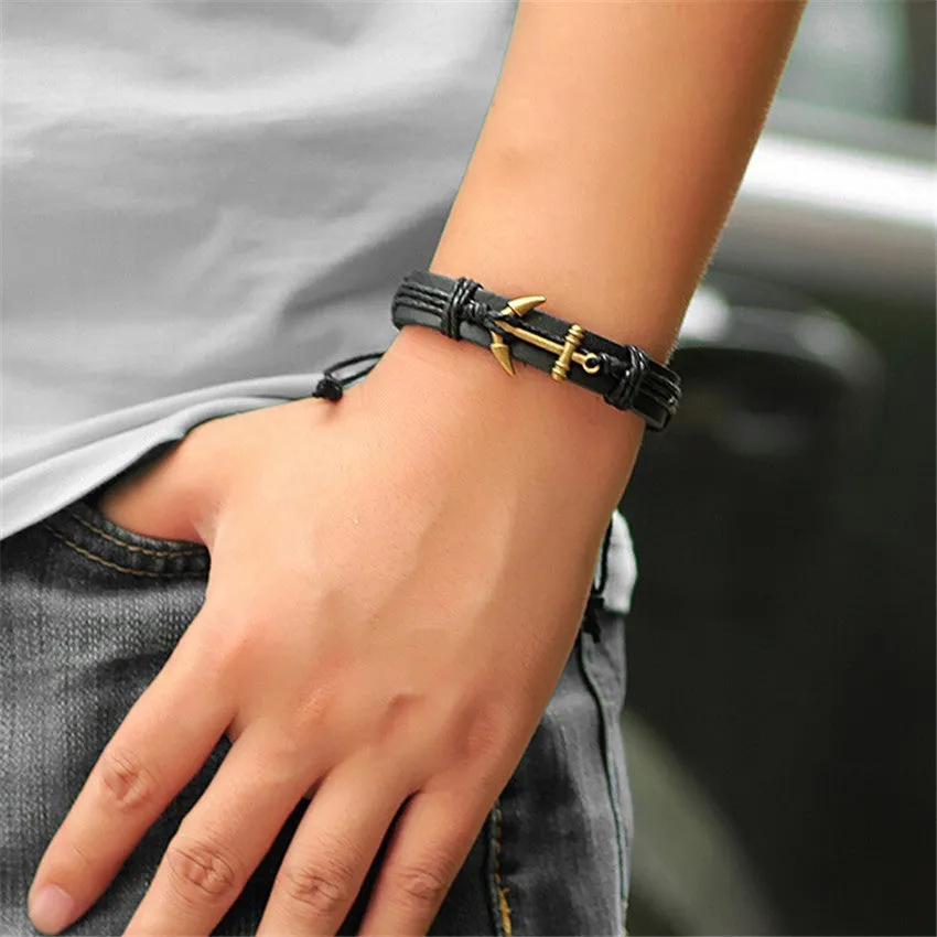 Male Bangle Bracelet Chain Hand-woven Waistband Unisex Pu Leather Rope Bracelet For Men Women Anchors Woven Bracelet Charm