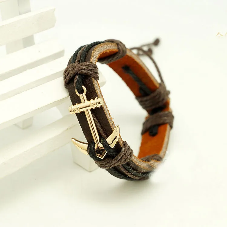 Male Bangle Bracelet Chain Hand-woven Waistband Unisex Pu Leather Rope Bracelet For Men Women Anchors Woven Bracelet Charm