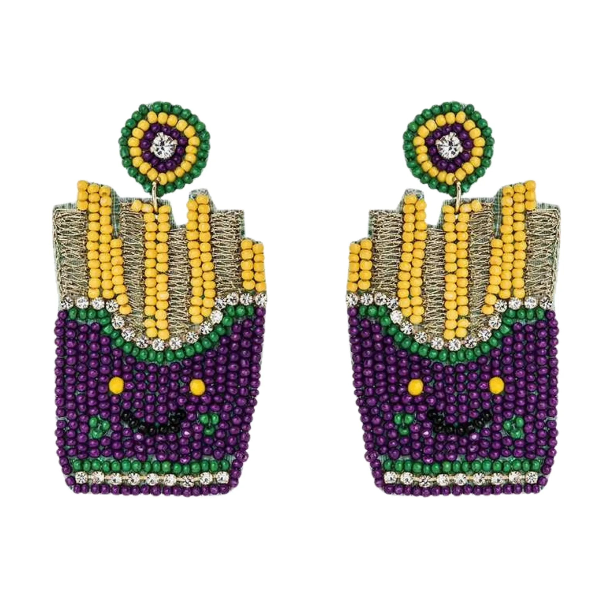 Mardi Gras French Fries Iconic Beaded Handmade Festive Statement Dangle Earrings