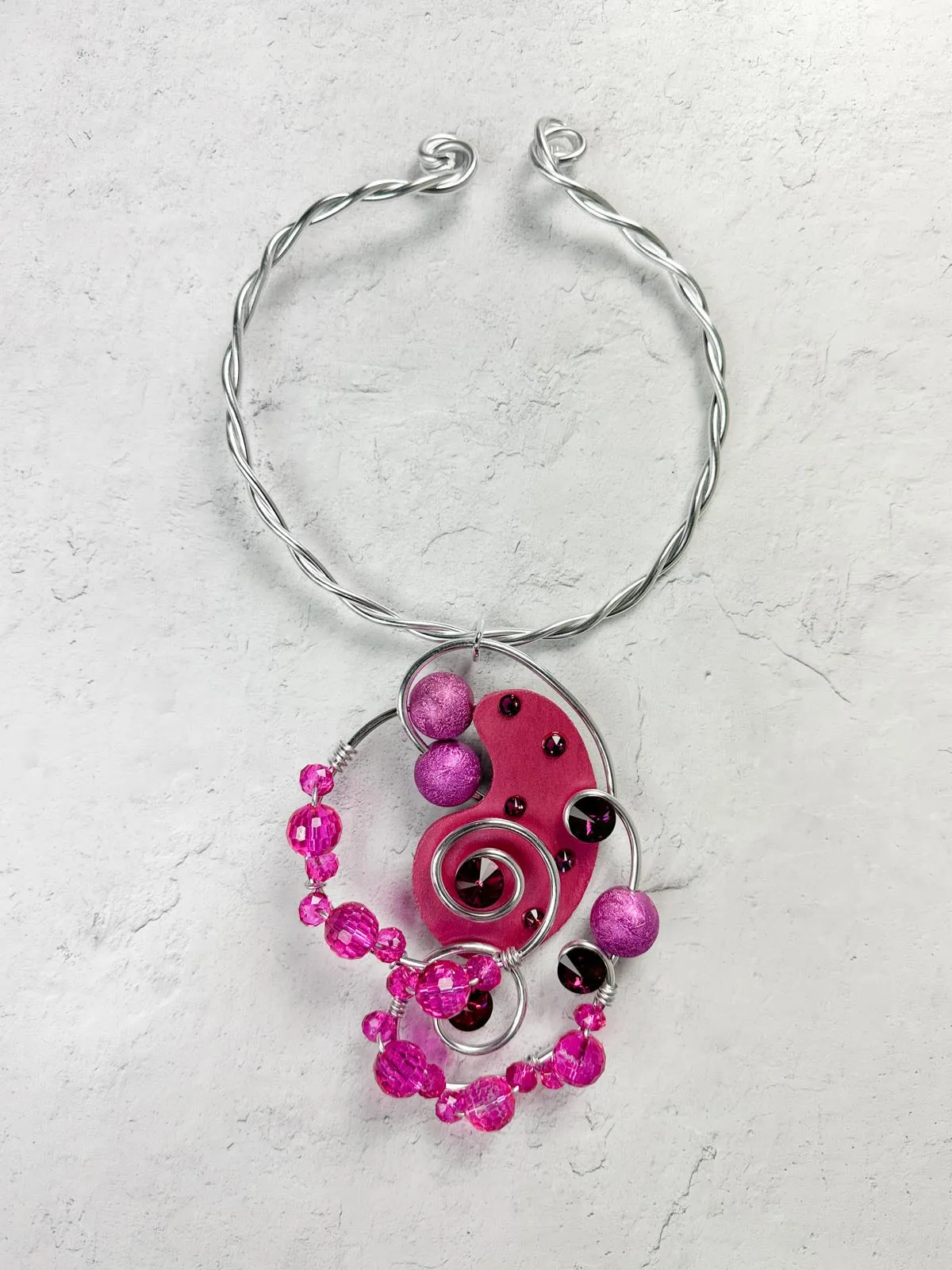Mixed Media Wood & Bead Wire Collar Necklace, Silver/Pink
