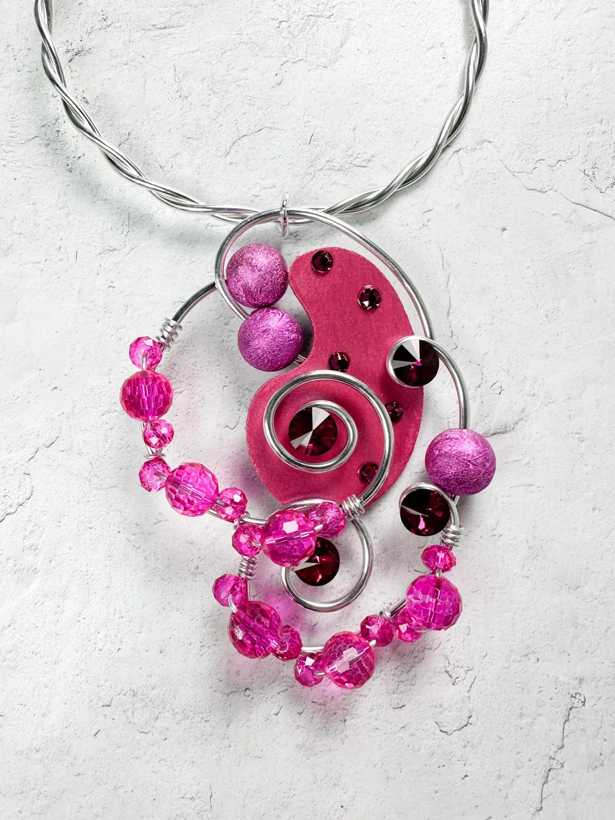 Mixed Media Wood & Bead Wire Collar Necklace, Silver/Pink
