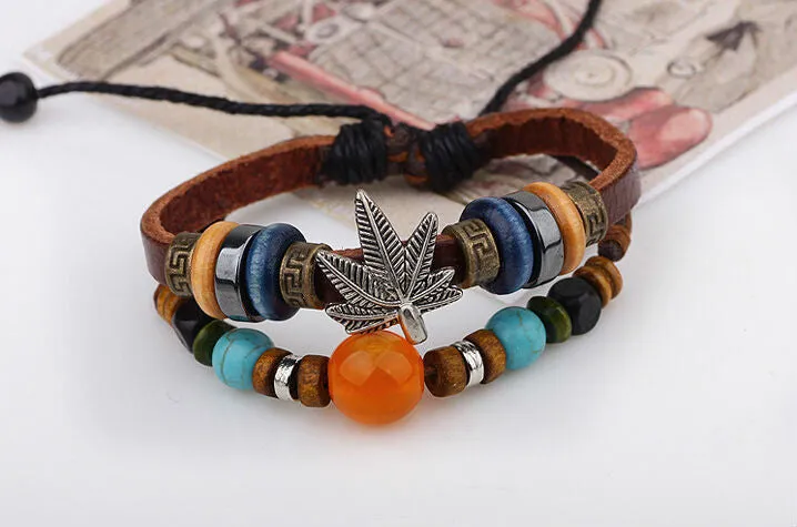 Vintage Handmade Maple beads Leather Adjustable Bracelet Wristband Jewelry Bijouterie Unisex Girls Woman