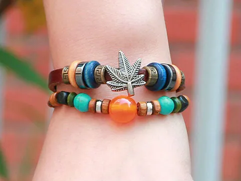 Vintage Handmade Maple beads Leather Adjustable Bracelet Wristband Jewelry Bijouterie Unisex Girls Woman