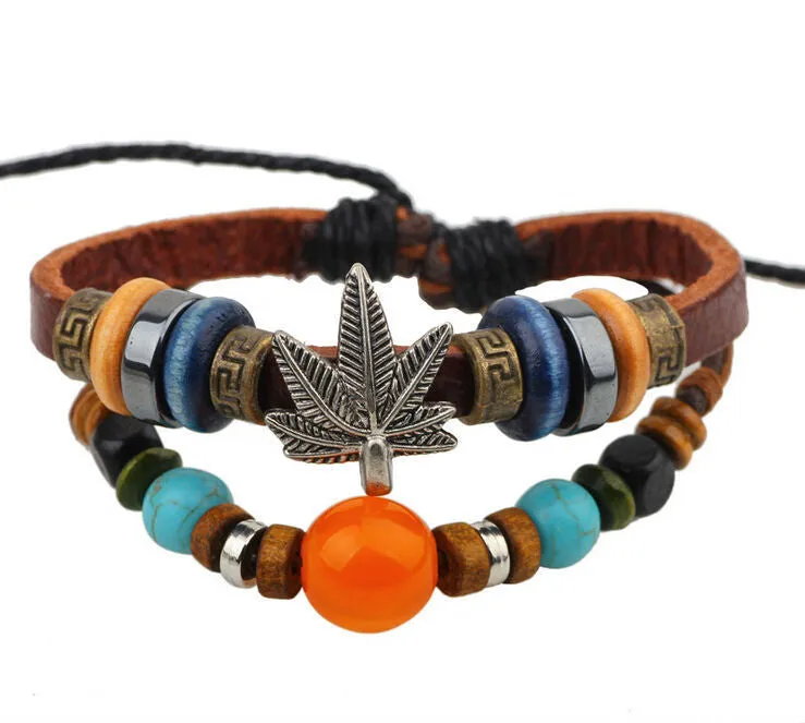 Vintage Handmade Maple beads Leather Adjustable Bracelet Wristband Jewelry Bijouterie Unisex Girls Woman